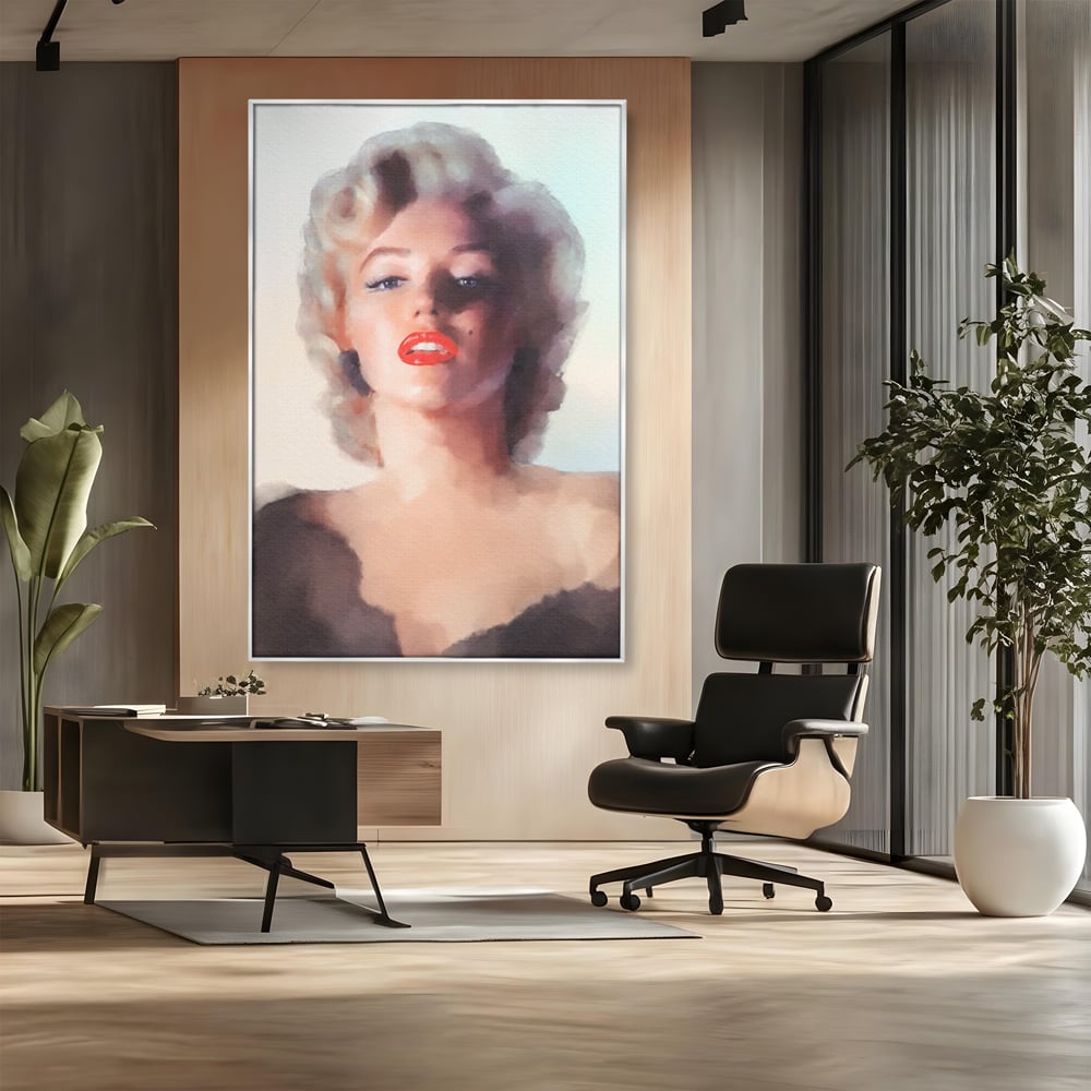 Tablou canvas cu tablou canvas cu marilyn monroe, in rama de aluminiu argintiu, pe perete intr-un birou